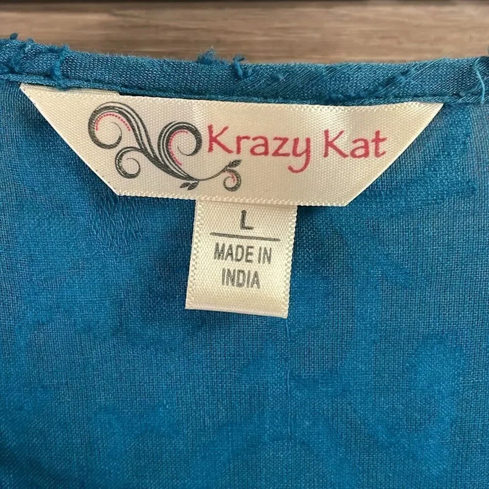 KRAZY KAT Womens Peasant Style Crocheted Lace Cotton Blouse Size Large Teal Blue - Picture 3 of 9